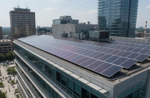 Commercial office building rooftop covered with solar panels