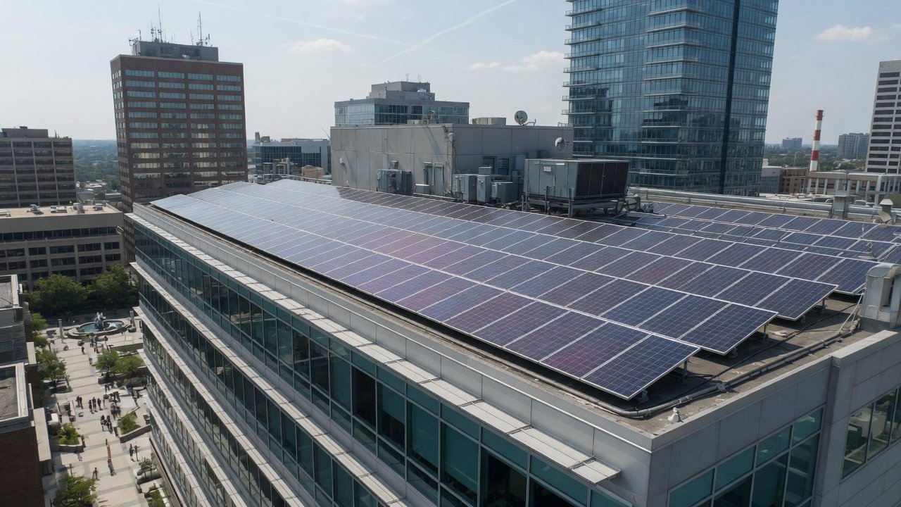Commercial office building rooftop covered with solar panels