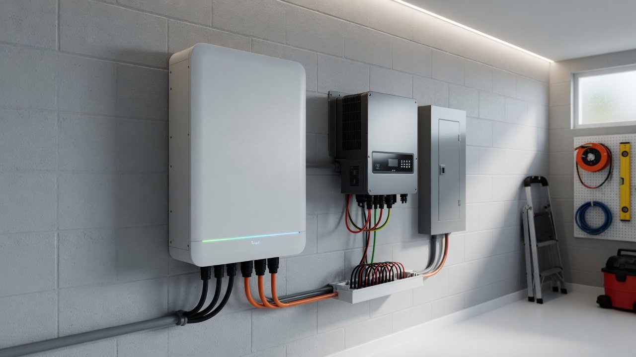 Home hybrid solar battery and inverter mounted on a utility room wall