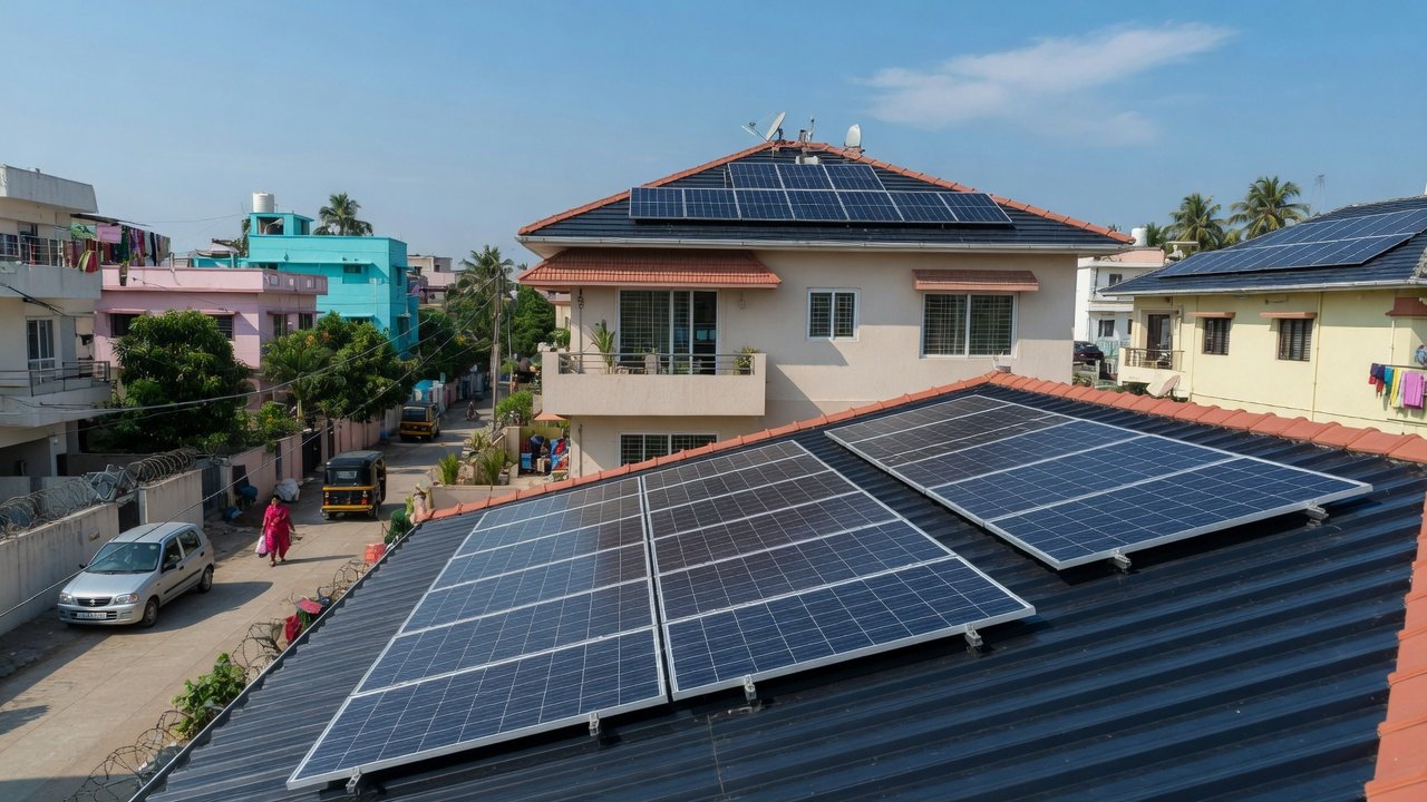 Residential rooftop solar panels on homes in a sunny neighborhood