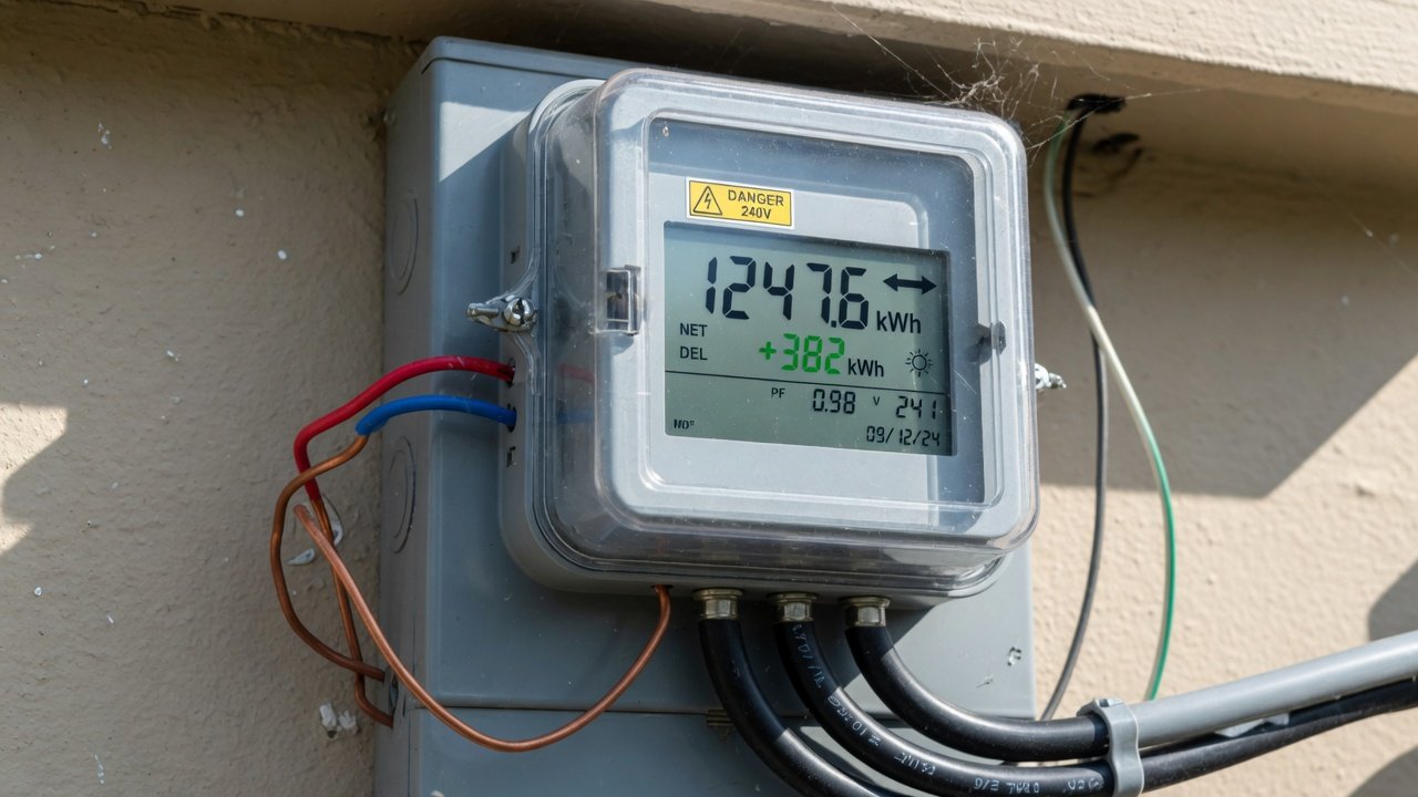 Digital electricity meter showing net metering import and export units