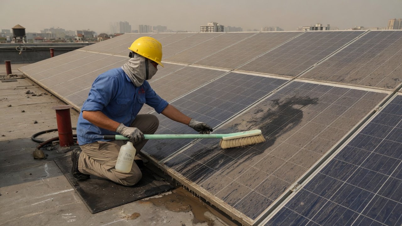 Worker cleaning dusty solar panels on a city rooftop