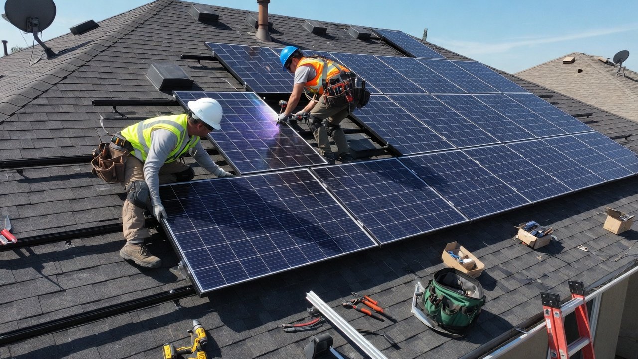 Technicians installing solar panels on a residential rooftop