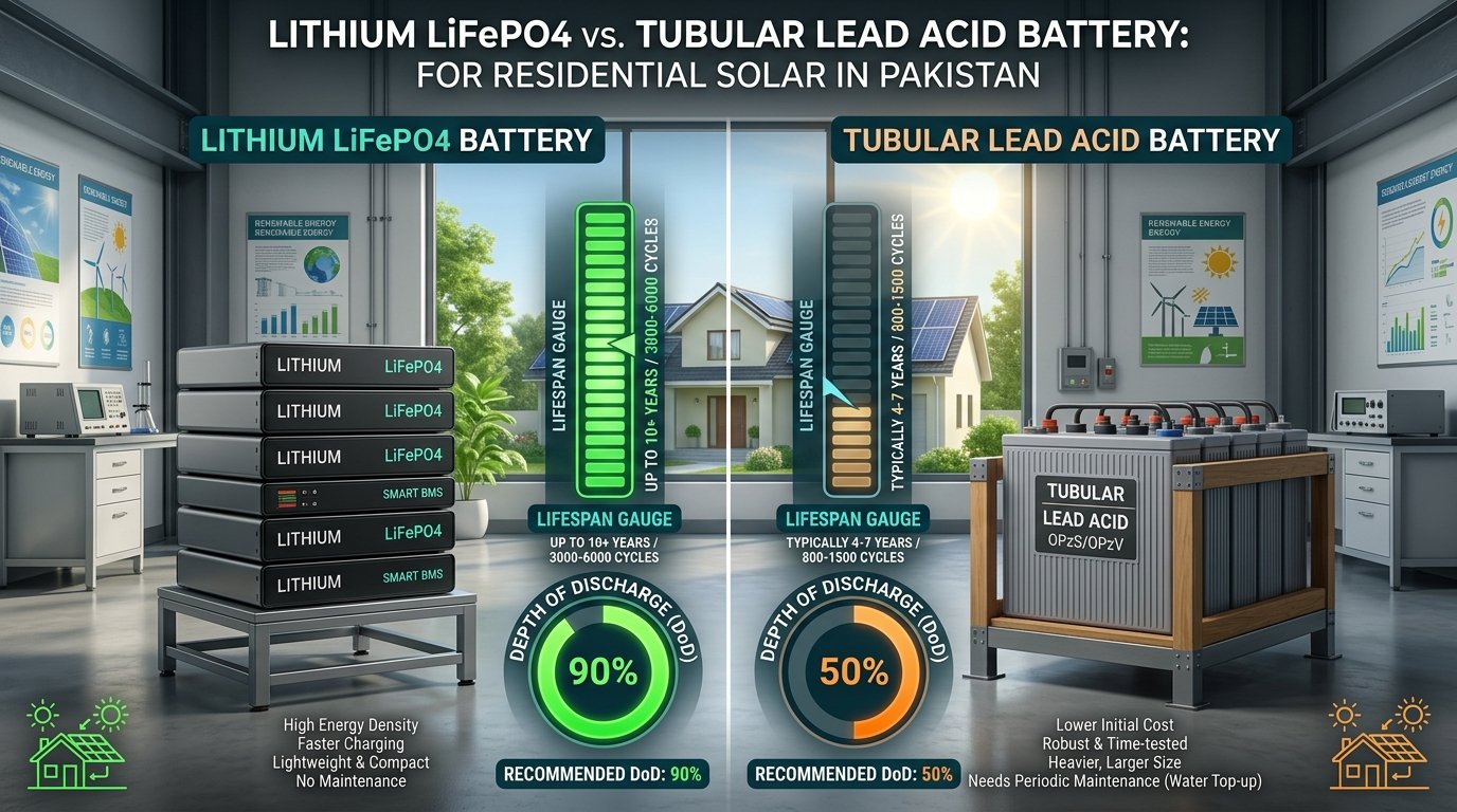 Lithium LiFePO4 vs Tubular Lead Acid Battery comparison chart for Pakistan homes