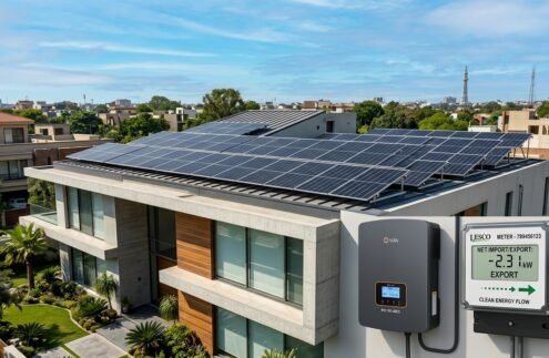 Rooftop solar installation with smart net meter and inverter in Pakistan