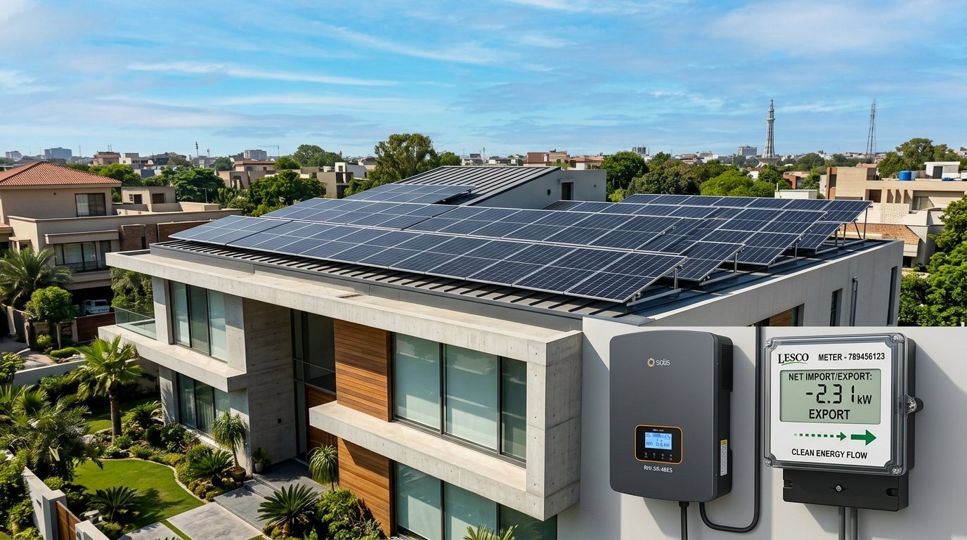 Rooftop solar installation with smart net meter and inverter in Pakistan