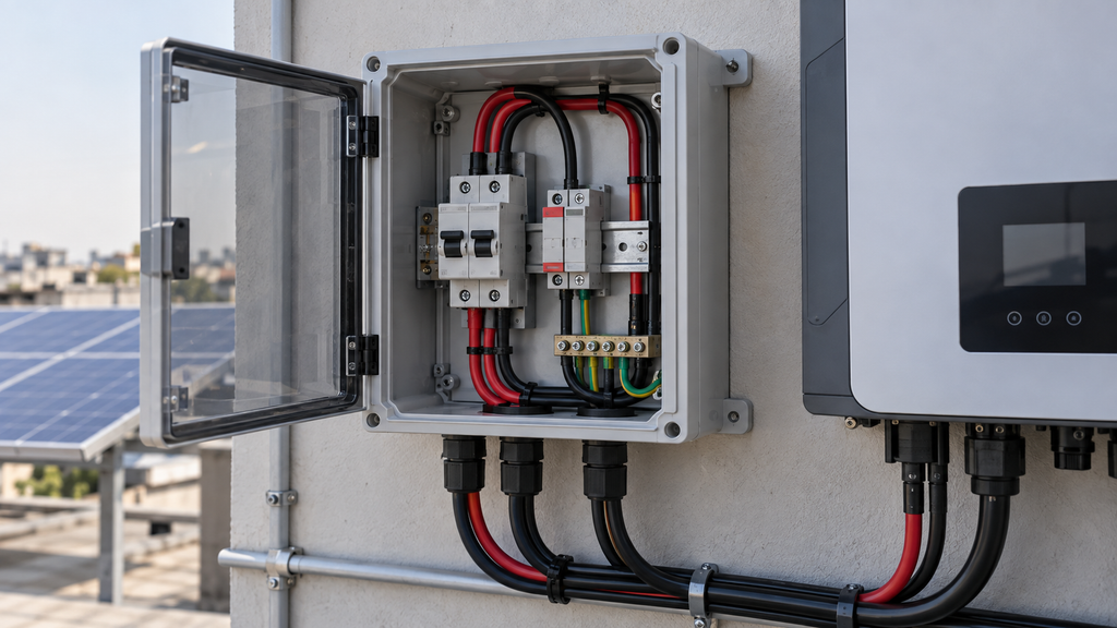 Alt Text: 500V DC breaker installed in a solar protection enclosure on a Pakistani rooftop