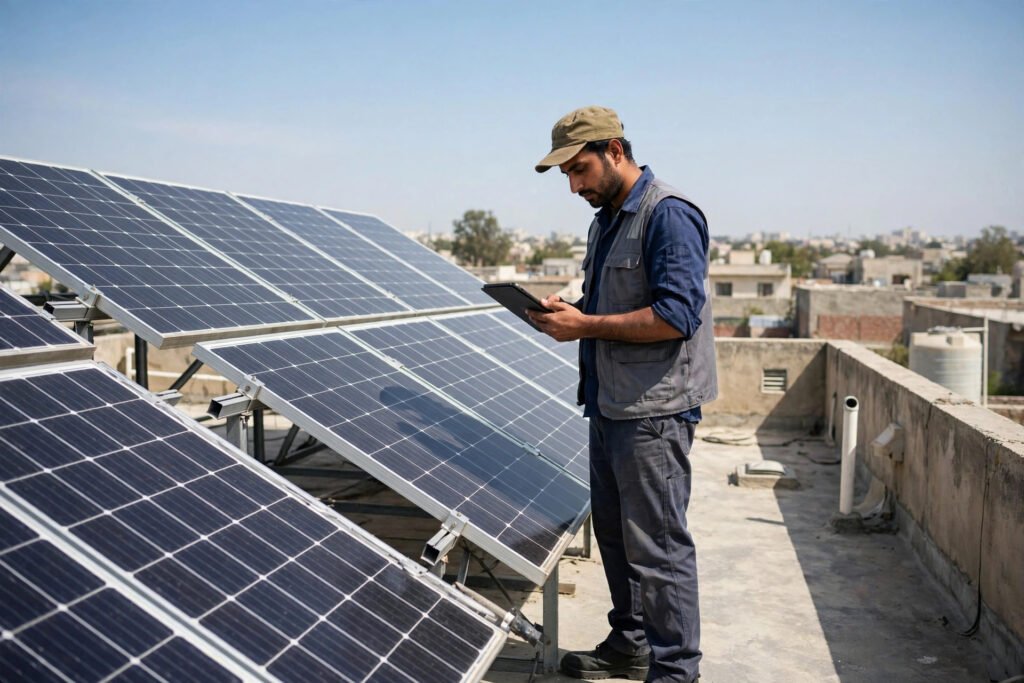 Solar technician inspecting rooftop solar panels with a tablet in Pakistan