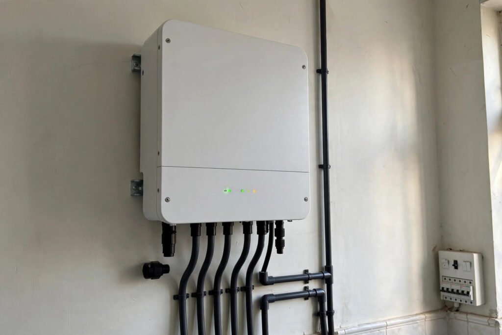 Huawei vs Growatt inverters Pakistan: wall-mounted solar inverter with neat DC and AC cabling