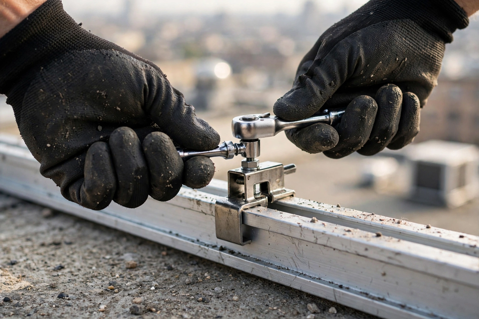Solar installer tightening panel mounting clamp