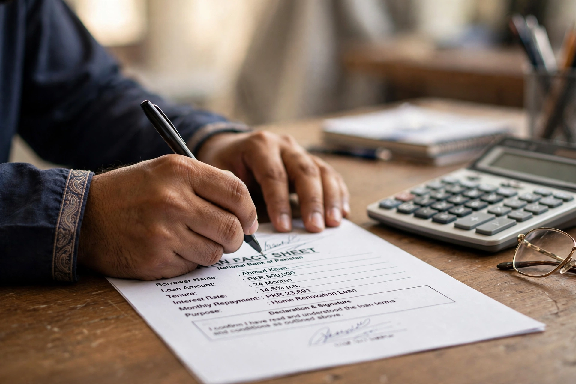 Homeowner signing a bank loan Key Fact Statement before committing to solar financing in Pakistan