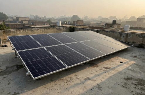 Newly installed solar panel array on a Lahore home rooftop at sunrise