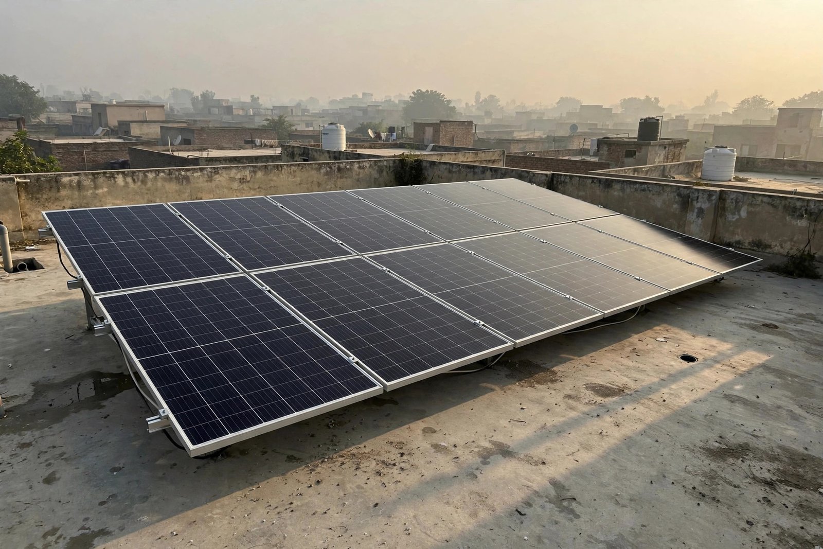 Newly installed solar panel array on a Lahore home rooftop at sunrise
